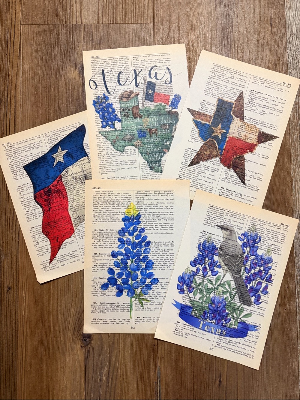 Texas Vintage Dictionary Art Prints - Bluebonnet and Texas Flag Set